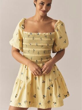 Anthropologie Yellow Floral Smocked Puff-Sleeve Mini Dress